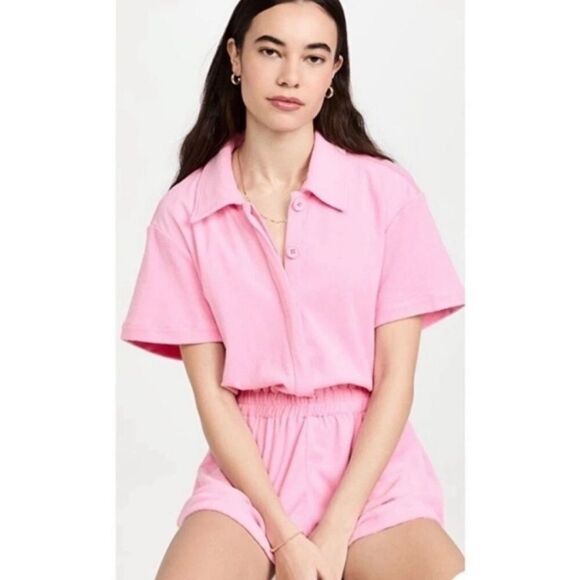 The Good American Terry Cloth Cinched Waist Pink Romper Short Sleeves - Picture 1 of 16